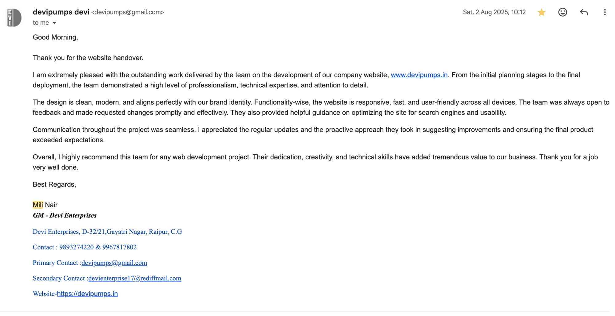 Client testimonial email from Devi Enterprises